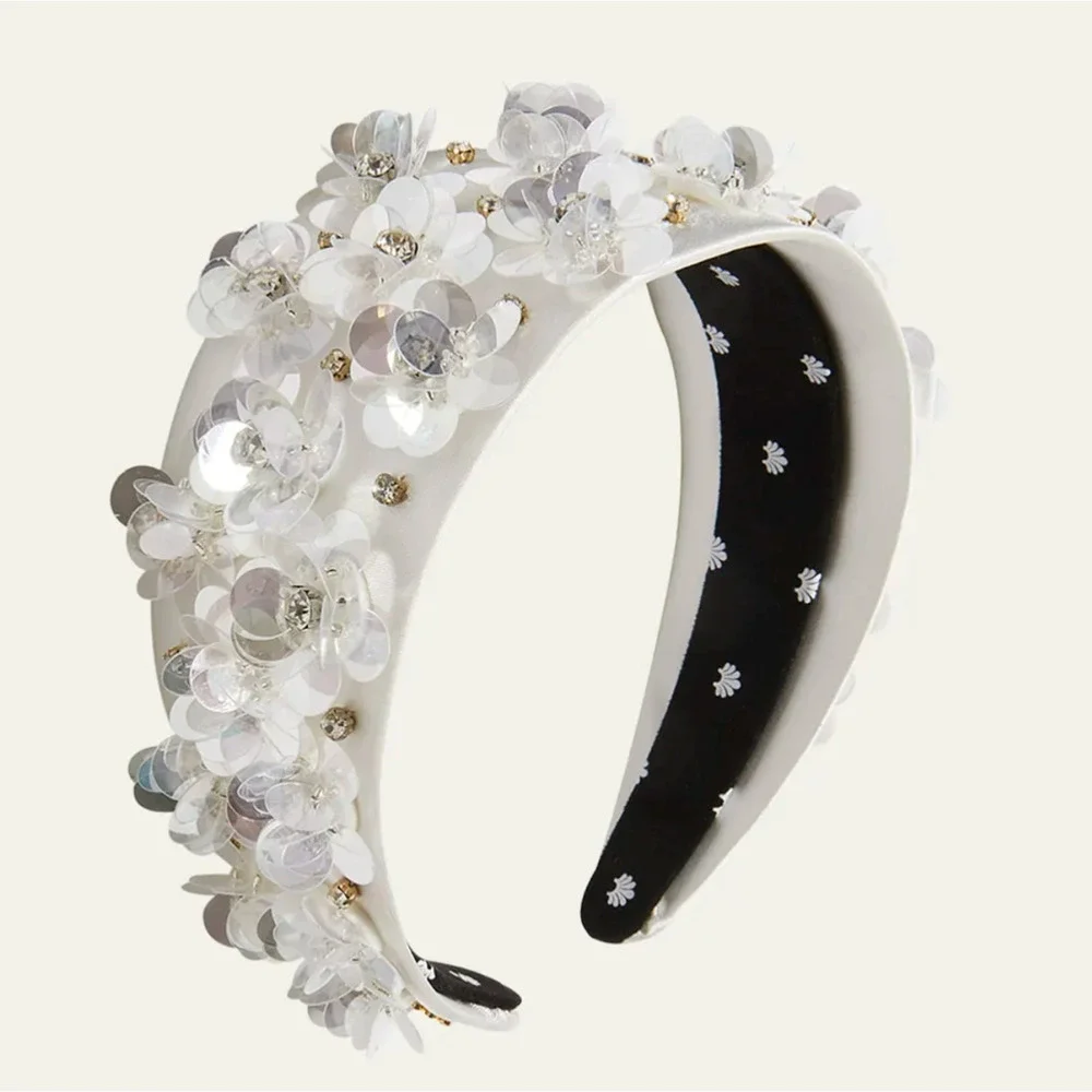 Lele Sadoughi Headband Brigitte Paillette Floral Crystal Wide Dove White NEW